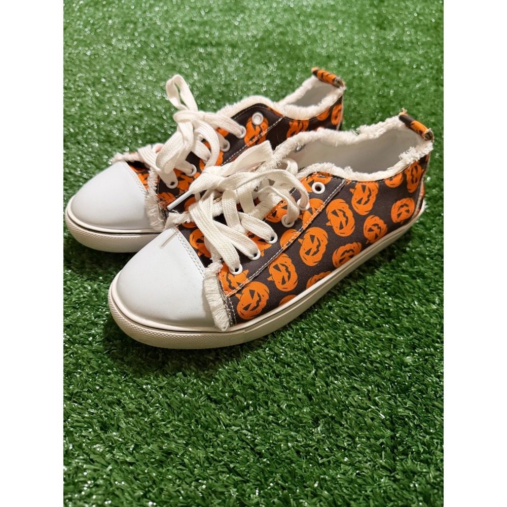 Halloween Pumpkin Jack-O-Lantern Canvas Low Top Sneakers Orange Black Size 40